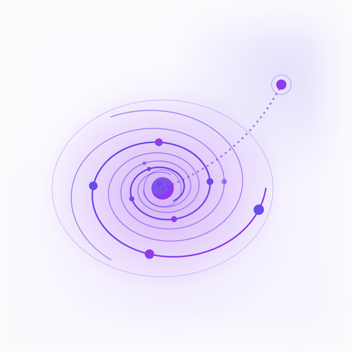 Abstract Queleon artwork — a spiral of nodes drawn into a vortex, with one breaking away.