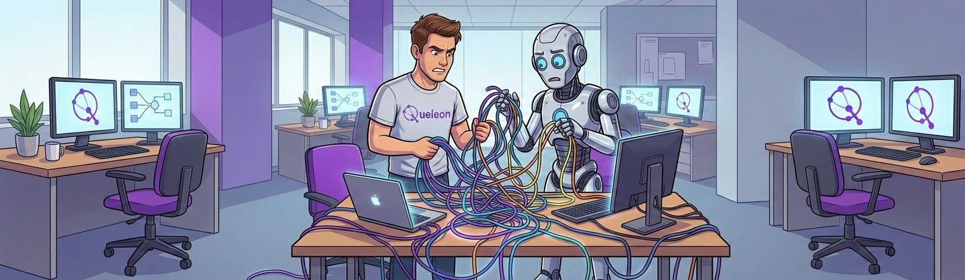A man in a Queleon t-shirt and a robot untangling a mass of cables across an office desk.